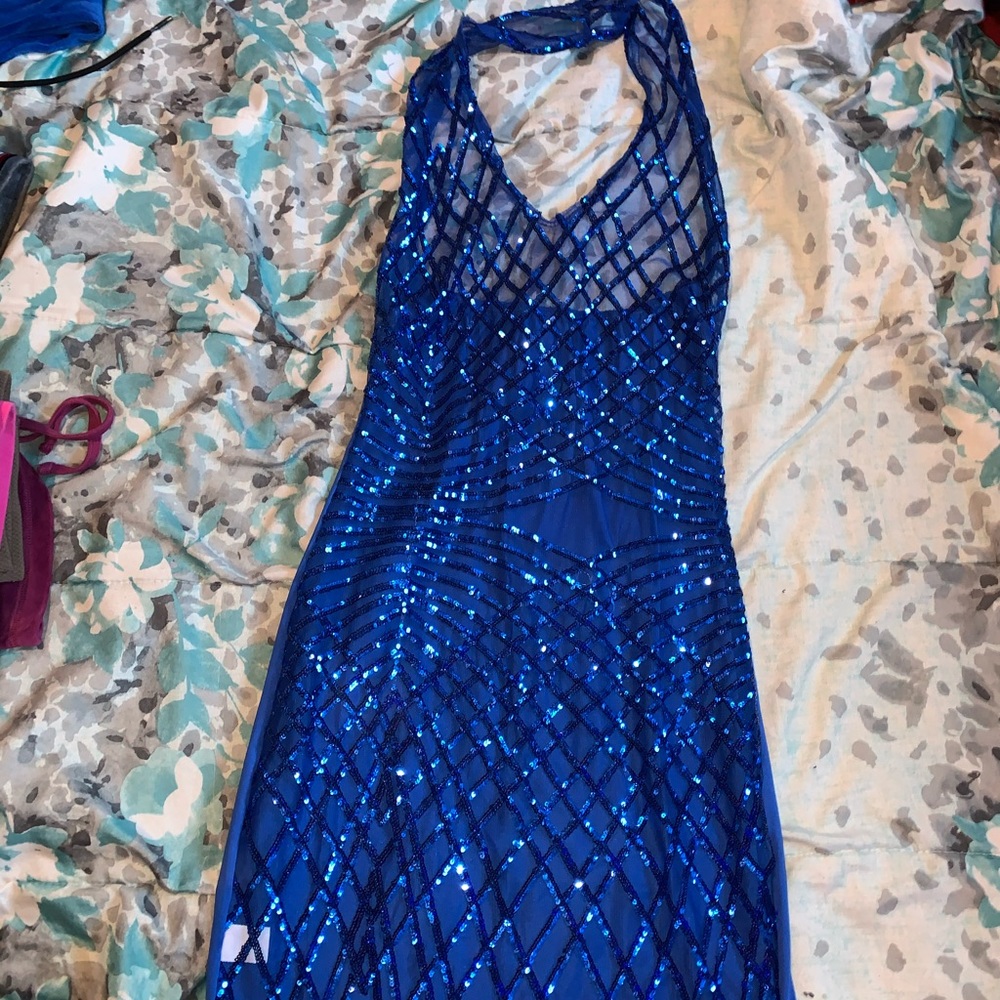 Blue sequin halter top dress